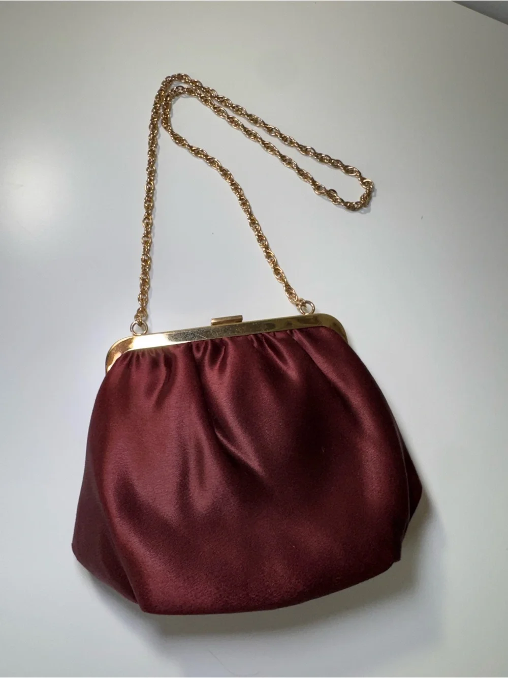 Vintage Retro Burgundy Brown Satin Evening Clutch Bag Gold Chain & lift clasp